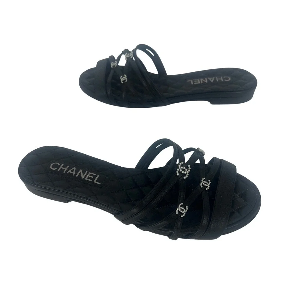 Chanel 2019 Quilted CC Pearl Leather Slide Sandals Black 36.5
